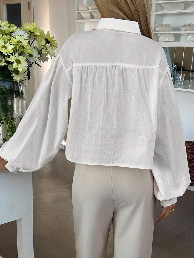 Women's Embroidered Textured Fabric Lantern Sleeve Collared Short Casual Summer Top Boho