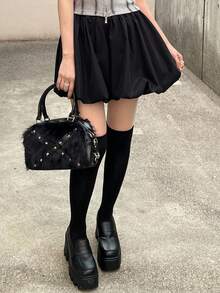 FRIFUL Women's Solid Black Pleated Short Flared Hem Loose Casual Versatile Skirt - Black - View 3