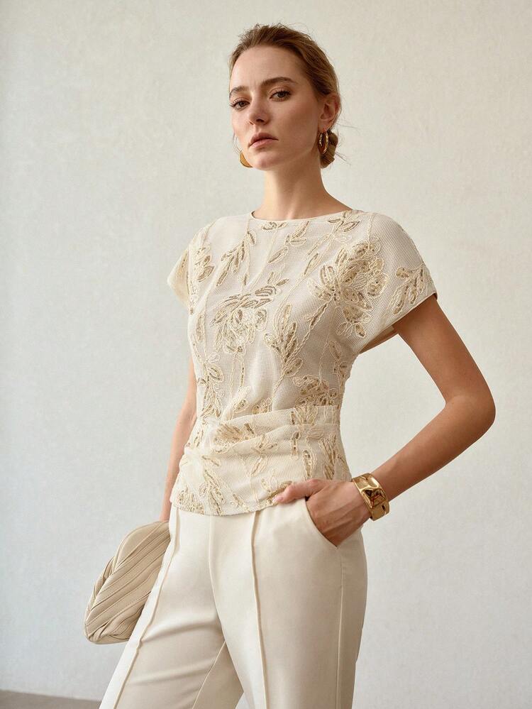 SUMMER SEQUIN HOLLOW FLORAL EMBROIDERY BLOUSE, FASHIONABLE UNIQUE DESIGN WOMEN BLOUSE
