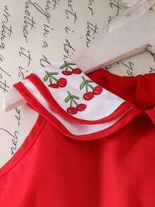 少女红色双层彼得潘领无袖束腰蝴蝶结樱桃印花连衣裙，时尚夏季海滩度假风 - 紅色 - 查看 11