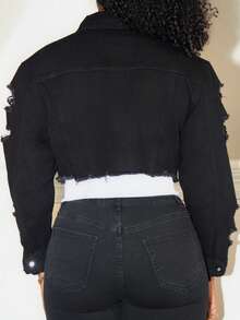 Steph T Chaquetilla casual de mezclilla corta con borde crudo lavada y detalles desgastados - Negro - Ver 2