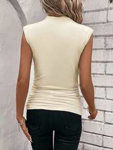 SHEIN Clasi Áo nữ dáng ôm cổ nhún màu trơn, kiểu dáng thường ngày. - Màu be - Xem 2