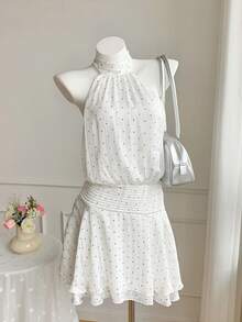 Comfortcana Women's Polka Dot Print Pleated Halter Elegant Sleeveless Mini Dress - Blue - View 1