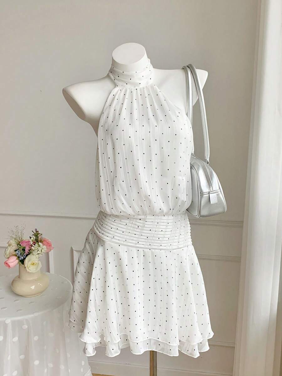 Comfortcana Women's Polka Dot Print Pleated Halter Elegant Sleeveless Mini Dress - Blue - View 1