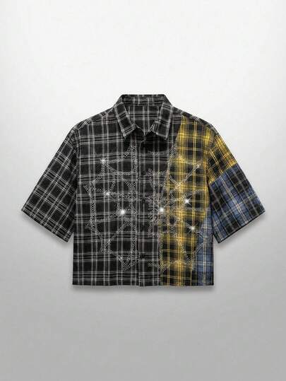 NEON BLANC Men's Spider Web Plaid Print Short Sleeve Single-Breasted Casual Shirt