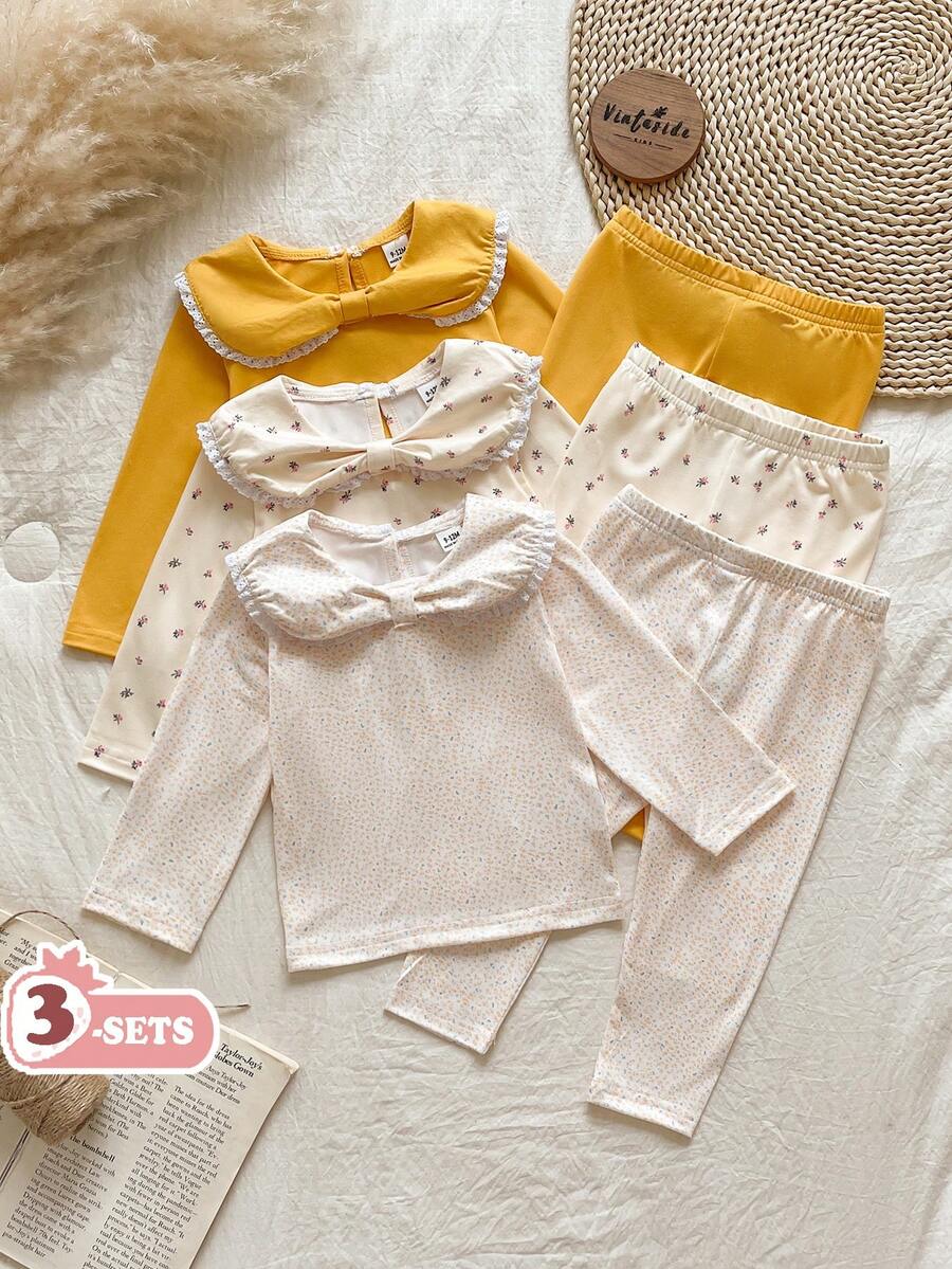 Vintaside Kids 2025年春秋季女婴6件套服装,可爱蝴蝶结领花朵装饰圆领长袖上衣和碎花休闲裤,3件套幼儿女童套装 - 黃色 - 查看 1