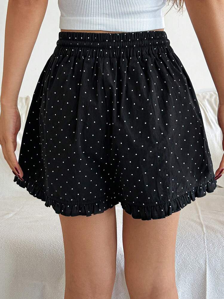 Polka Dot Print Ruffle Hem Short Women Pajama Bottoms
