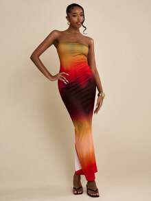 SHEIN BAE Gradient Print Strapless Maxi Bodycon Dress, Sexy Music Festival & Date Night Dress, Vacation Dress - Multicolor - View 3