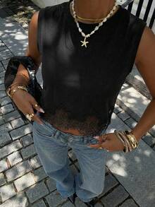 Siren Gaze 女士纯色圆领撞色蕾丝休闲背心 - 黑色 - 查看 6