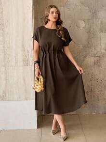 Roveilla 大码女式格子亚麻圆领落肩袖腰部褶裥A字长裙，优雅法式复古通勤商务休闲街头风简约百搭下午茶派对春夏新款女装连衣裙，女士休闲连衣裙，优雅高贵休闲连衣裙 - 咖啡棕 - 查看 5