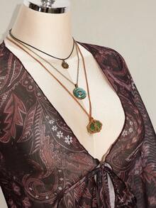 SHEIN ICON Áo dài tay dáng rộng dành cho nữ, họa tiết hoa, thắt nơ phía trước, kiểu dáng thường ngày. - màu nâu - Xem 8