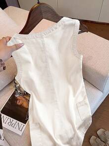 SHEIN LUNE 女士休闲简约纽扣半开襟无袖牛仔连衣裙，夏季 - 藍色 - 查看 2