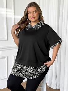 SHEIN CURVE+ Áo thun ngắn tay họa tiết da báo cỡ lớn dành cho nữ, thích hợp cho năm mới và ngày Valentine. - Đen và trắng - Xem 4