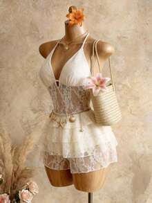 Mistrie Lace Cake Tie-Up Sexy Halter Jumpsuit Romper For Women, Spring/Summer - Apricot - View 4