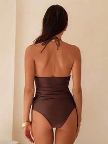 Bellisia Einfarbiges dreieckiges Trägertop mit geraffter Seite und Badeshorts, Frauen Strand Urlaub Bikini Set - Kaffeebraun - Übersicht 3