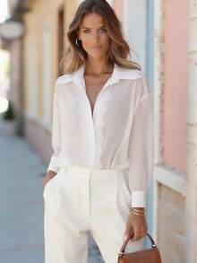 Balvessa Women's Contrast Lace Long Sleeve Single-Breasted Elegant Blouse - White - View 3