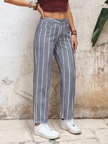 EMERY ROSE 女士休闲条纹斜插口袋锥形裤 - 淺色水洗藍 - 查看 4