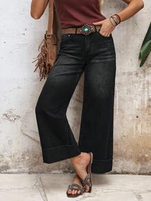 Women's Vacation Casual Washed Wide Leg Jeans - Black - View 6