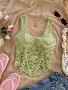 Soleia Nueva elegante parte superior de chaleco tejido con diseño de lazo en la cintura para vacaciones - Verde - Ver 5