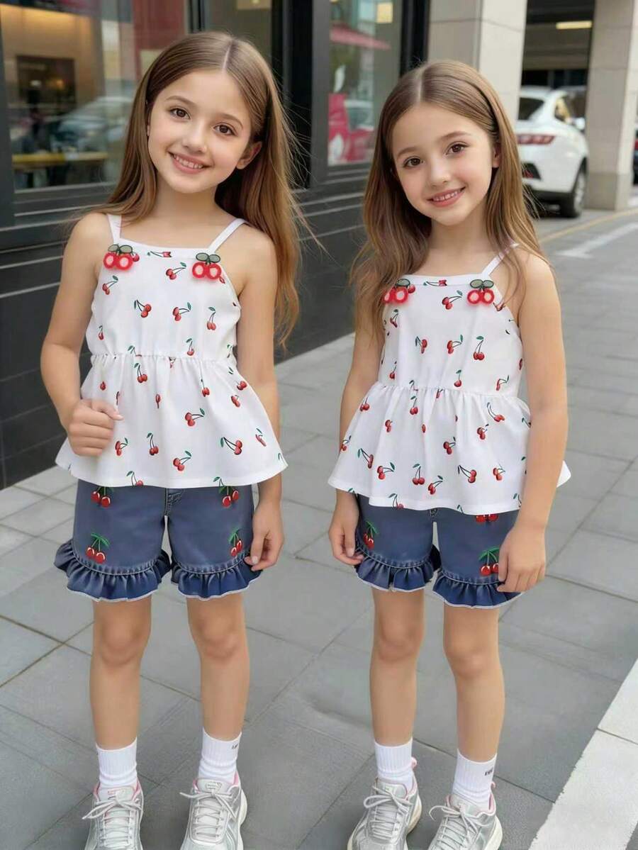 女婴樱桃数码印花吊带背心，牛仔樱桃刺绣口袋短裤套装，可爱迷人的儿童夏季时尚休闲装 - 白色 - 查看 1