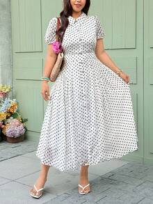 Vionelle 大码女士优雅波点图案连衣裙 - 杏色 - 查看 7