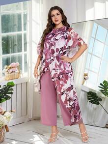 Reflora 大码夏季优雅扎染印花不对称下摆上衣和裤子两件套 - 彩色 - 查看 8