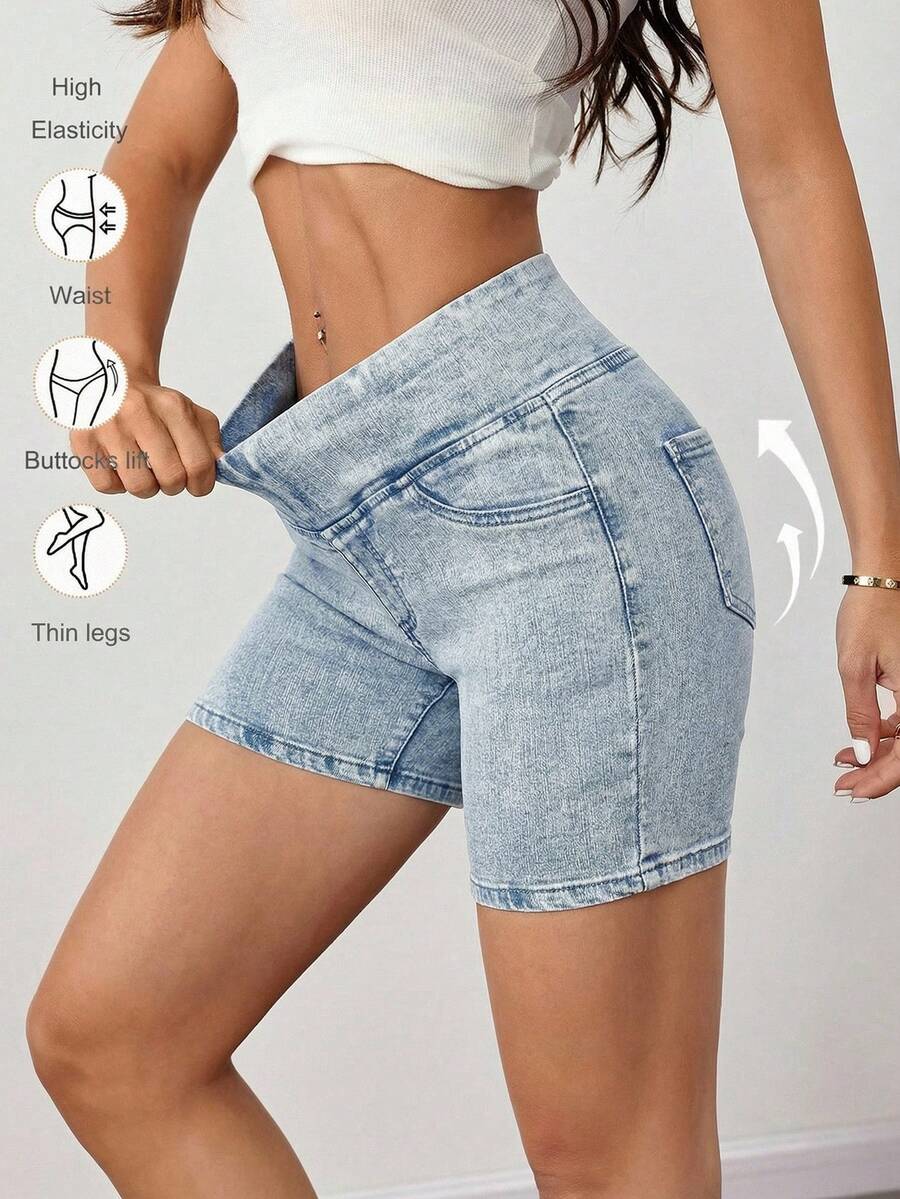 SHEIN Tall 女士牛仔短裤，休闲修身款短裤 - 淺色水洗藍 - 查看 1