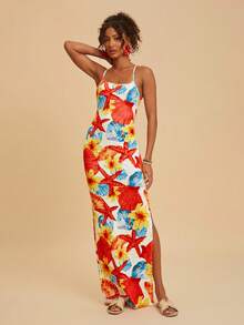 Travachic Women's Vacation Casual Starfish Shell Floral Print Side Slit Backless Dress - Multicolor - View 4