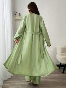 Natural Linen Textured Flowy Co-Ord Set, Relaxed Silhouette Top & Wide Leg Pants With Soft Draped Fabric Feel, Summer Look, Breathable Cotton Fabric - Lime Green - View 2