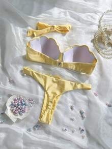 Swim Mod Baju Renang Seksi 2 Potong Motif Patchwork Petal dengan Cup Keras dan Tali Bahu yang Dapat Dilepas, Warna Polos - Kuning - View 3