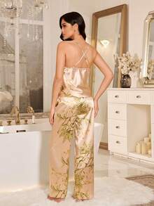 SHEIN Satin Printed Camisole And Pants Sleepwear Set For Women - Apricot - View 3