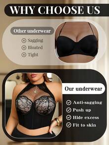 Seduluxe Plus Size Black Lace Underwire Halter Tie-Up Cinched Waist Enhancing Bra - Black - View 6