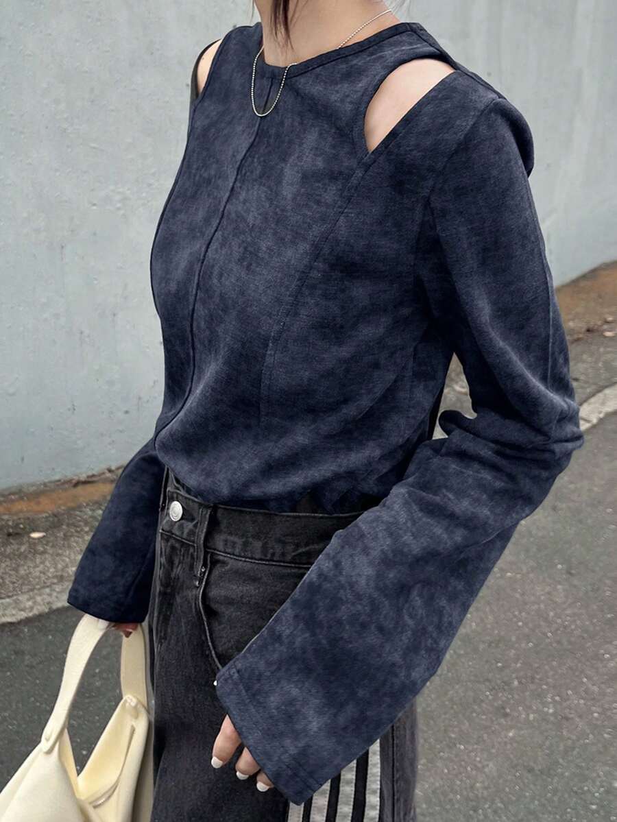 FRIFUL 女士休闲度假通勤时尚扎染印花露肩长袖T恤,适合春、夏、秋季穿着 - 藏蓝色 - 查看 1