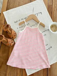 SHEIN LMoss Kids LMoss 女婴可爱针织条纹拼接无袖连衣裙，弹性面料，夏季款 - 粉色 - 查看 2