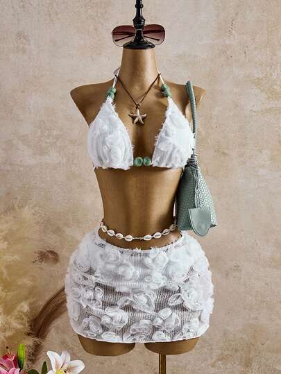 Bellisia Women's Summer Beach 3D Floral Decor Halter Tie Sexy Bikini Set With Cover Up Skirt