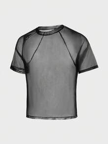 AXEPEAK Men's Fashionable Street Sexy Sheer Mesh Raglan Short Sleeve T-Shirt, Summer - Black - View 6