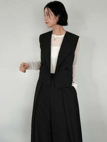 FRIFUL 纯色无袖背心上衣和阔腿褶皱西装裤套装，宽松休闲百搭套装 - 黑色 - 查看 3