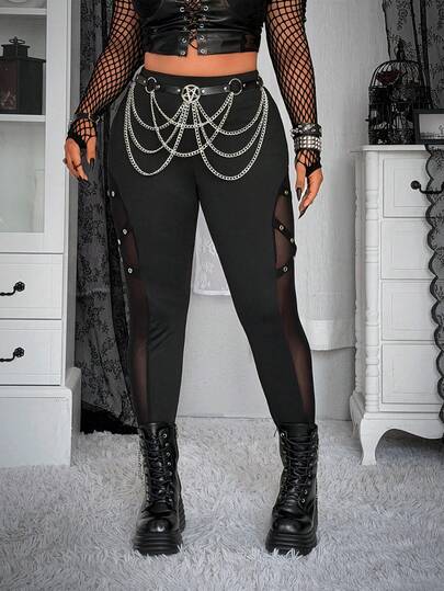 Whyspr 大码女式复古、暗黑、朋克、Y2K风格修身性感镂空网眼交叉绑带打底裤，可定制，常规款，黑色，适合返校季、音乐会、音乐节、春季、夏季、秋季等各种场合，四季皆宜。