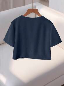 Franclia Blusa de mujer de cuello redondo, manga corta y abotonada de alta gama y moda - azul real - Ver 2