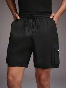 STYNVO 男士纯色斜插口袋抽绳腰休闲短裤，夏季 - 黑色 - 查看 4