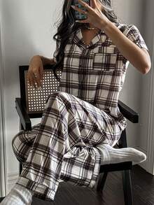 SHEIN Napfluff Plaid Print Lapel Cardigan Short Sleeve Pajama Set - Multicolor - View 6