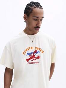 SUMWON Boxy Fit Coastal Catch Lobster Graphic Print Short Sleeve Crew Neck T Shirt With Mixed Text Design Summer Beach Style - Apricot - View 5