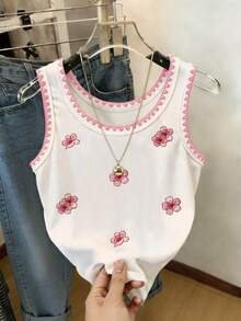 Resyla Plum Blossom Embroidery Women Round Neck Tank Top - White - View 3