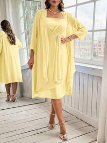 Ellevyn Bộ áo khoác và váy màu trơn thanh lịch dành cho người có vóc dáng đầy đặn, phù hợp cho các bữa tiệc. - Vàng nhạt - Xem 3