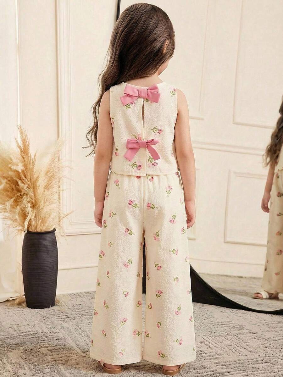 SHEIN 2件套 女童碎花无袖背心和宽松休闲裤套装 - 粉色 - 查看 1