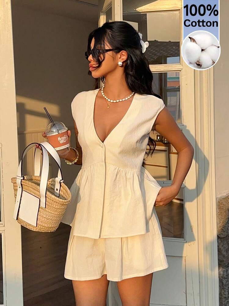 Serisse Women's Casual Cotton Deep V-Neck Shirt And Shorts 2 Pieces Set, Beach Holiday Beige Two Piece Set Women Summer 2 Pieces Sets Linen Two Piece Set Summer 2 Piece Sets Woman Cream Two Piece Set Women Vacation Outfit Sets - Apricot - View 1