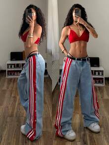 StreetHx Women's Casual Versatile Patchwork Denim Jeans With Sporty Style - Light Wash - View 1