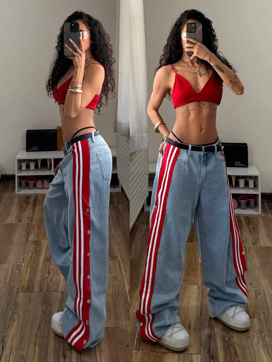 StreetHx Women's Casual Versatile Patchwork Denim Jeans With Sporty Style - Light Wash - View 1