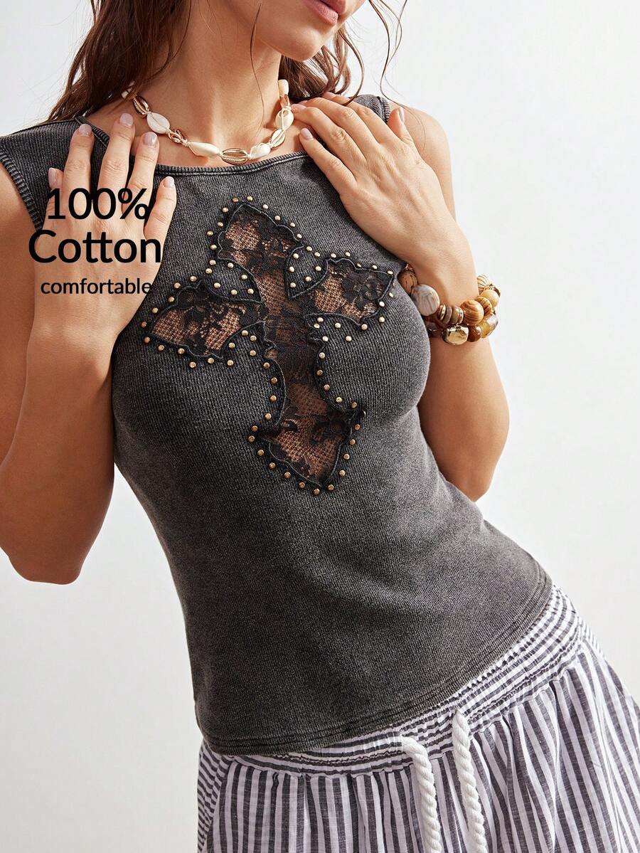 Bohemela 休闲纯色针织圆领无袖露脐蕾丝镂空交叉女士背心，春夏度假女装，夏季黑色上衣 - 黑色 - 查看 1