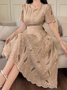 DAZY Đầm ren hoa cổ tròn tay cánh hoa dài ngang gối thanh lịch dành cho nữ, đầm hè. - Màu Khaki - Xem 5
